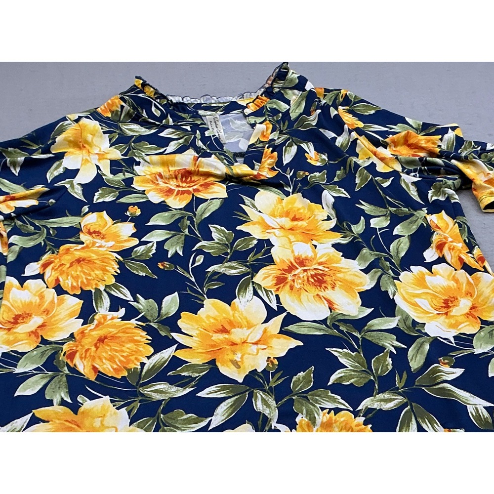 Perception Floral Short Sleeve Ruched Top Navy Yellow Large Casual Blouse